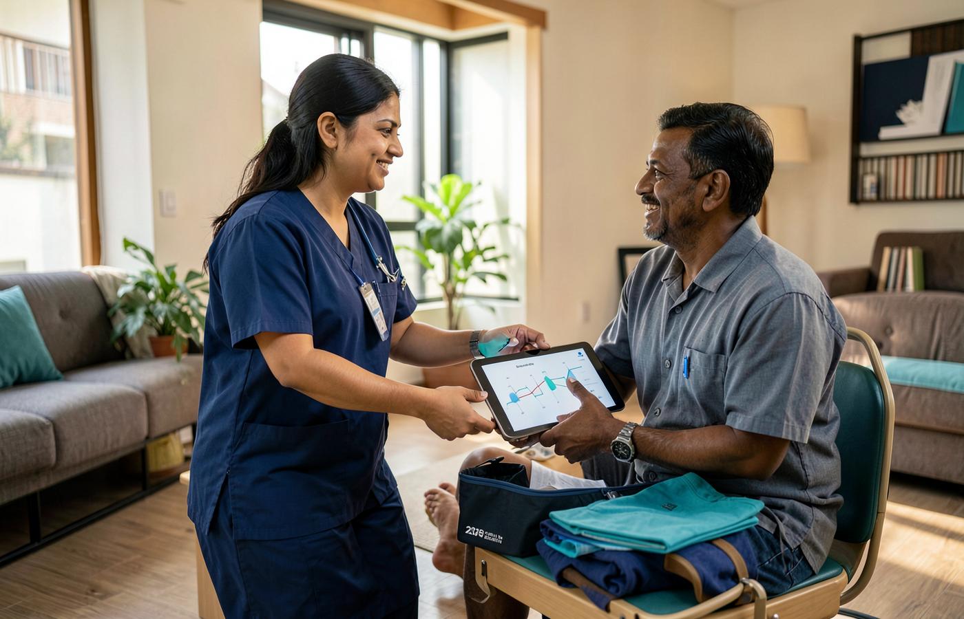 Indian female home-care professional supporting an employee at home