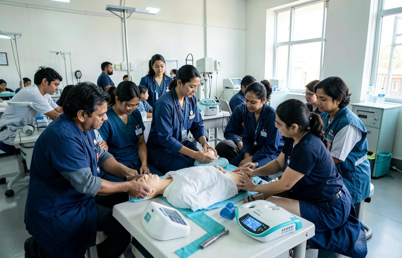 Indian first-aid trainer teaching CPR to workplace employees
