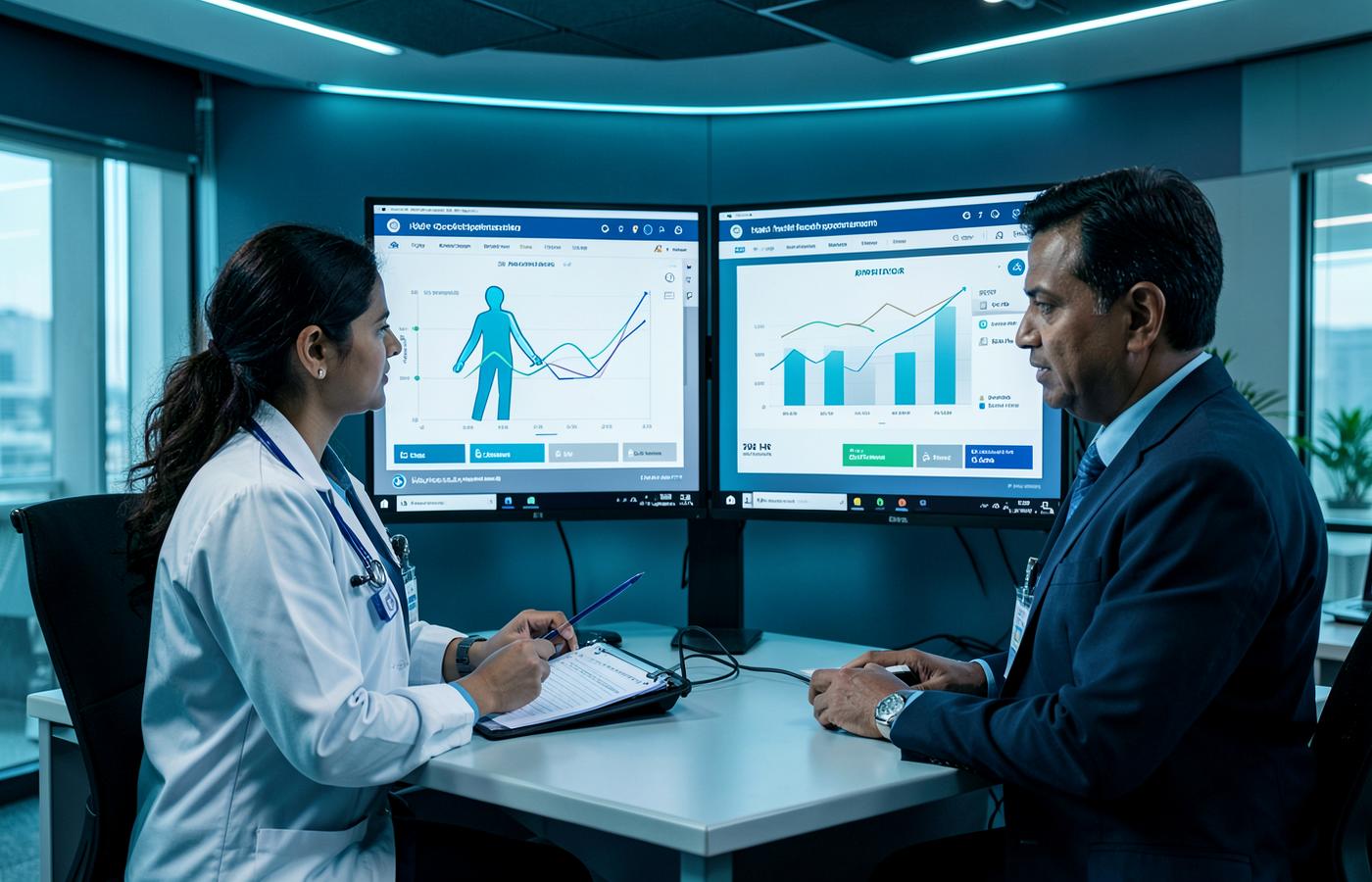 Indian occupational doctor and HR leader using a corporate health dashboard