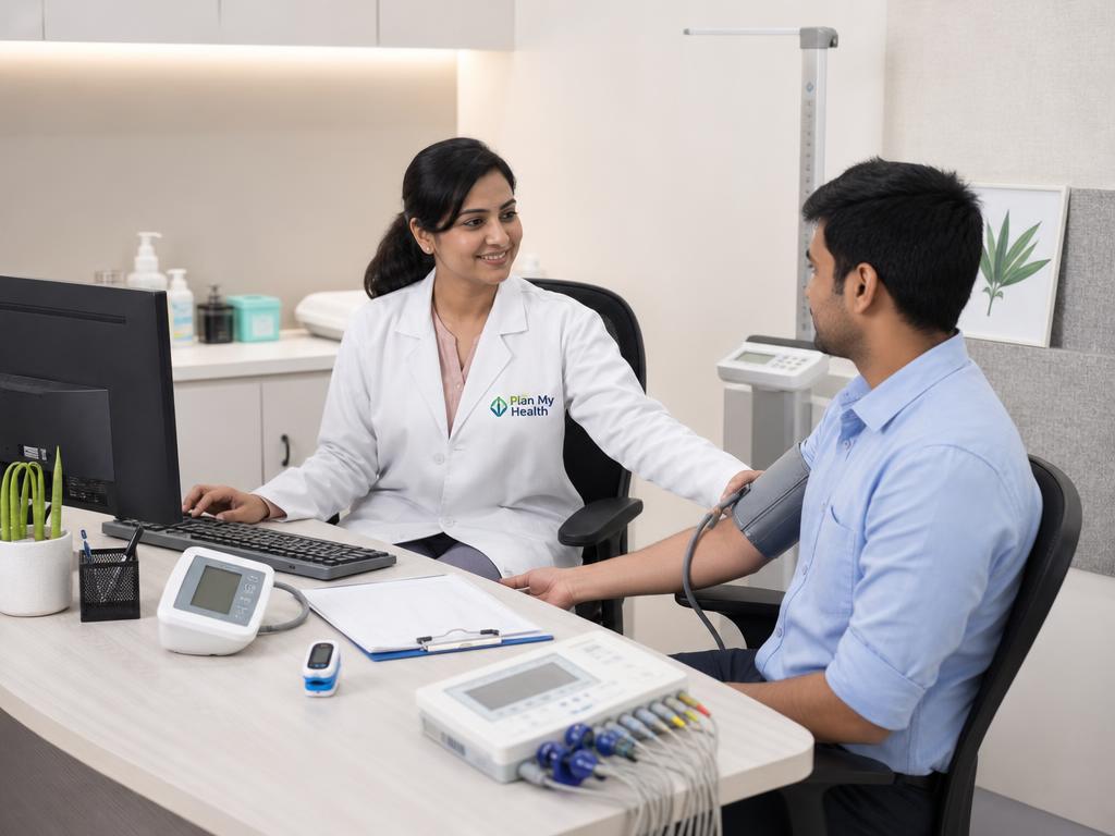 Indian female doctor operating a digital onsite occupational health clinic