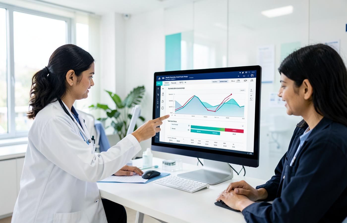 Indian doctor reviewing workforce health-risk analytics with an employee