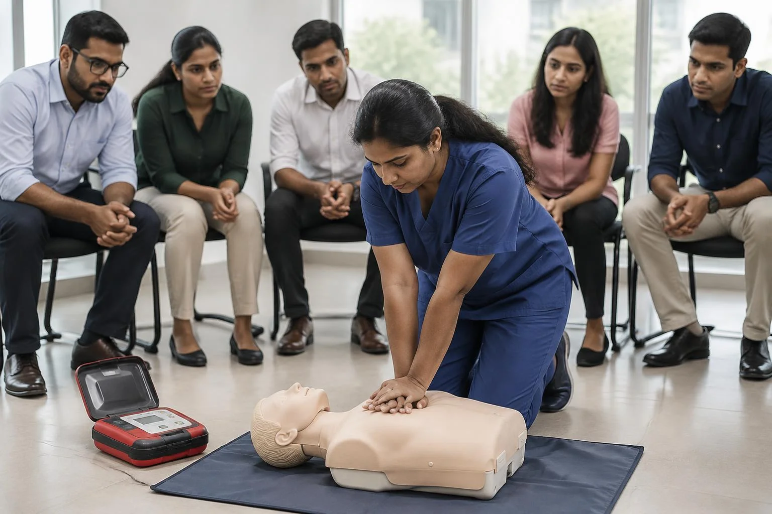 First aid and CPR training India: healthcare trainer teaching employees hands-on CPR