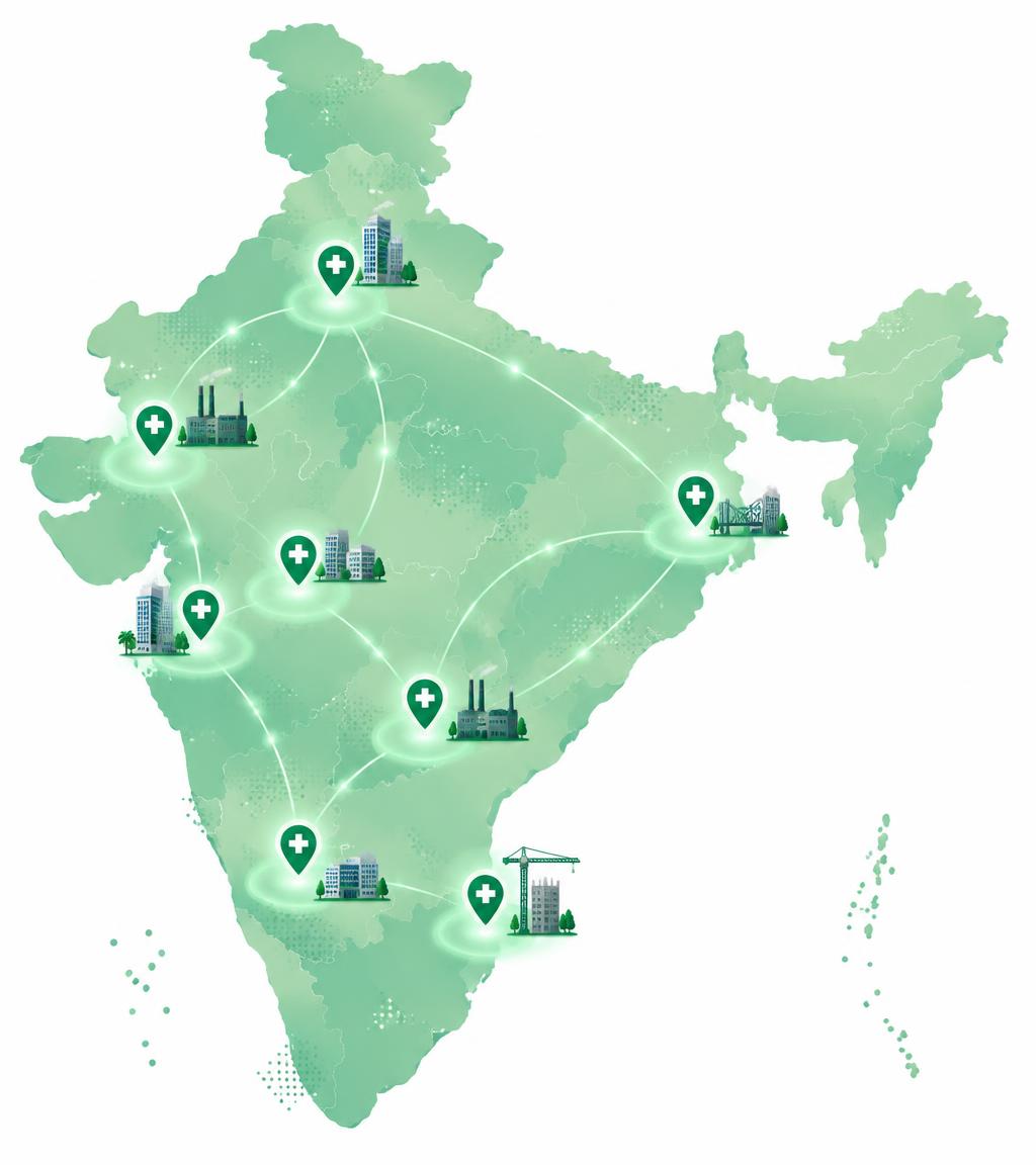 Map of India showing Plan My Health corporate health coverage across offices, factories and construction sites in major cities