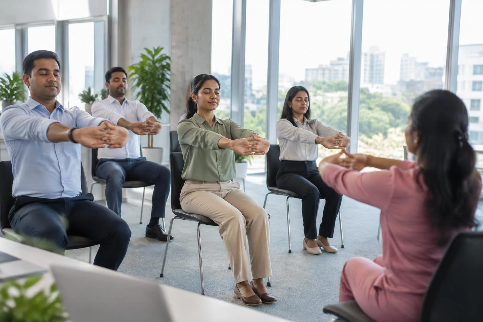 Corporate wellness programs India: office yoga and stress management session with Indian employees