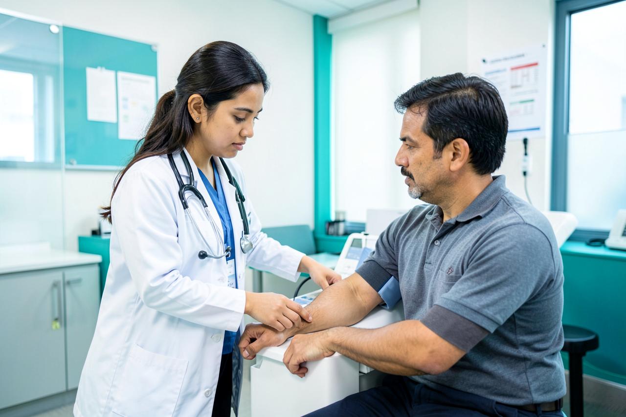Indian female healthcare professional conducting an employee health checkup