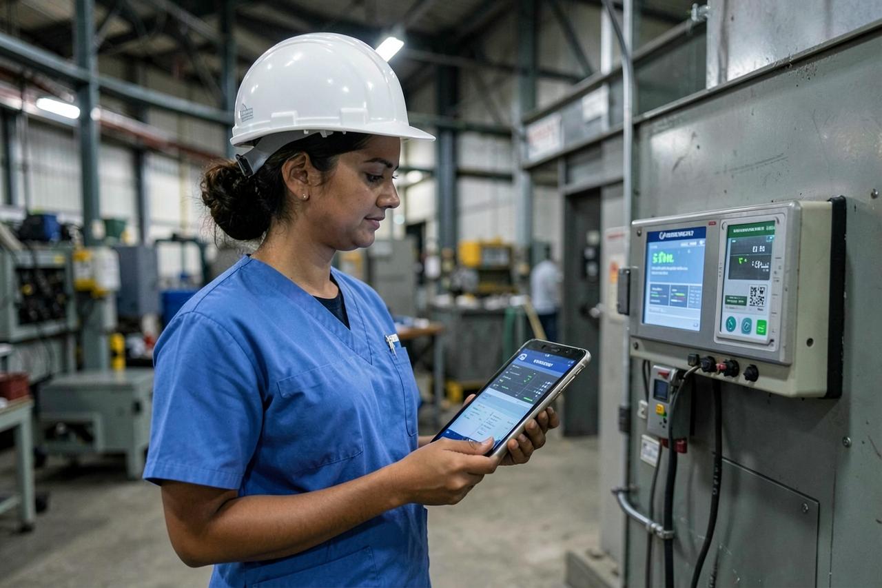 Indian female environmental health specialist testing workplace conditions
