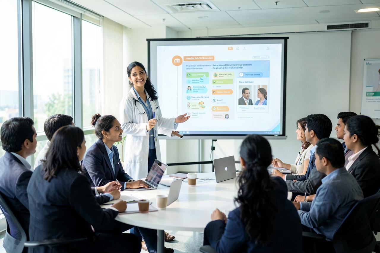 Indian wellness professional leading a workplace employee session